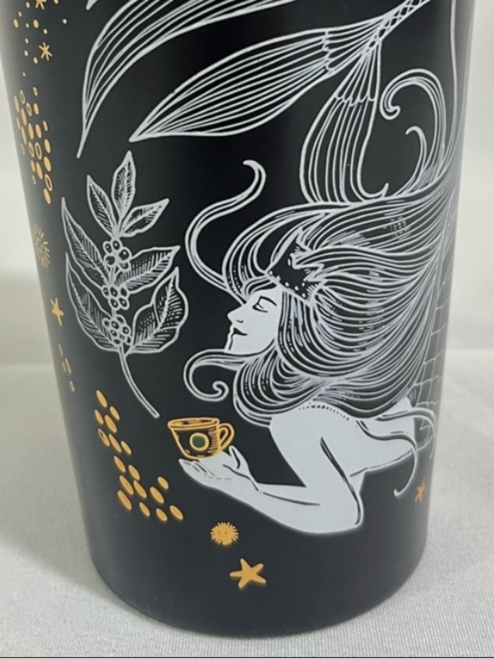 Starbucks Black Siren 12 oz. Ceramic Travel Tumbler Mermaid Metallic Gold Stars